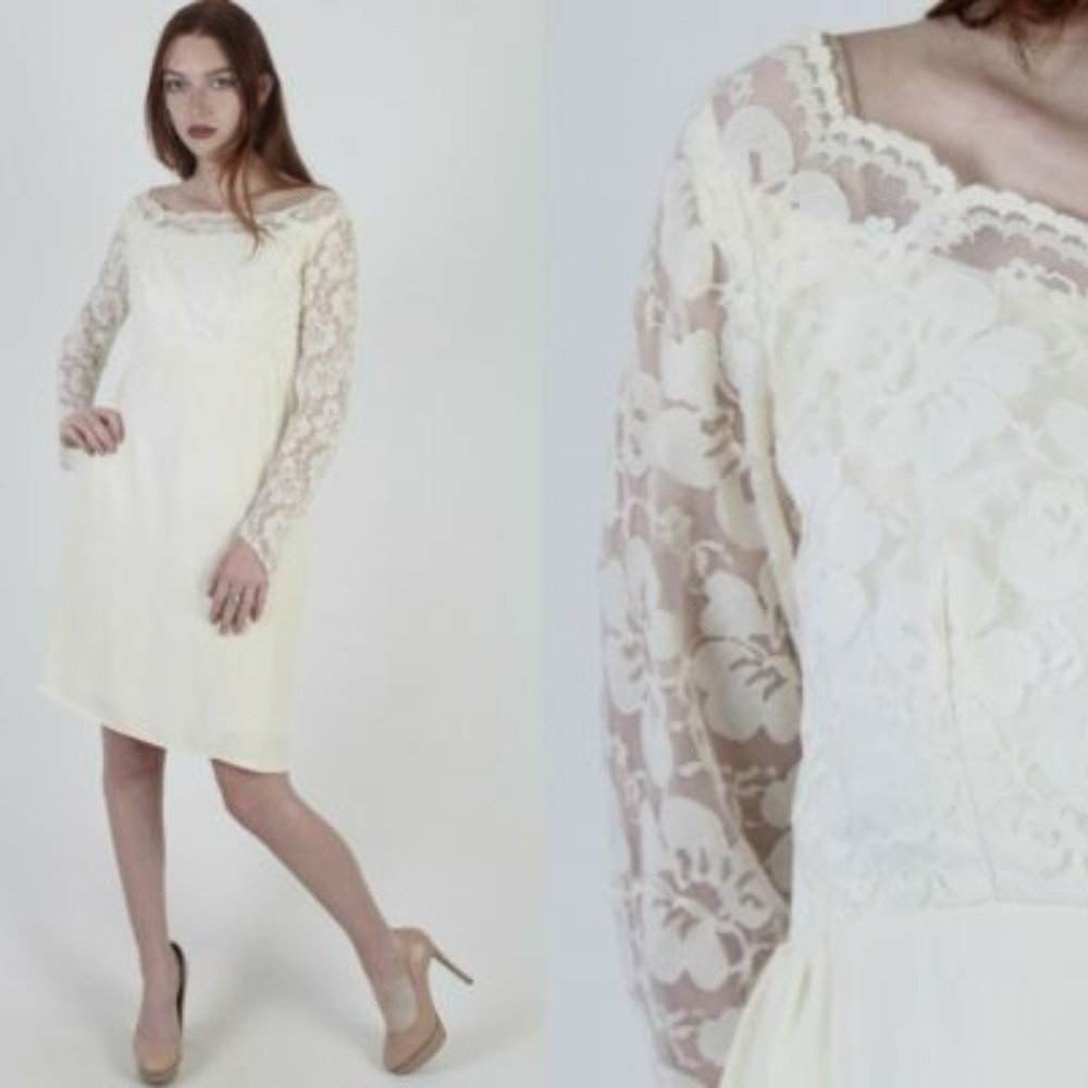 Vintage 60s Sheer Floral Lace Dress Bridal Wedding/Cocktail Ivory Sheath Mini
